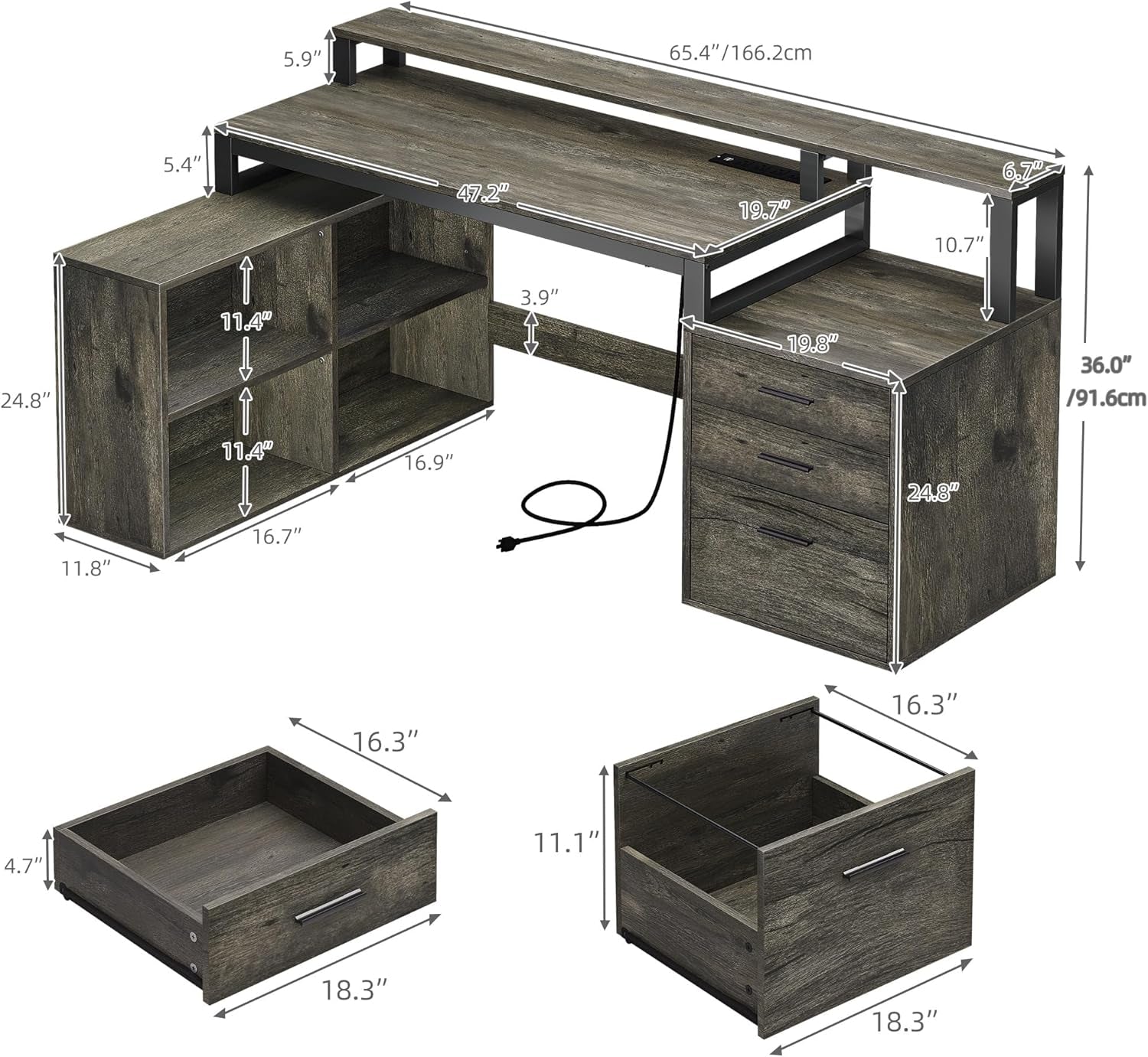 L Shaped Desk with Drawers, 65" Computer Desk with Power Outlets & LED Lights, Corner Home Office Desk with Storage Shelves & Printer Stand, Grey