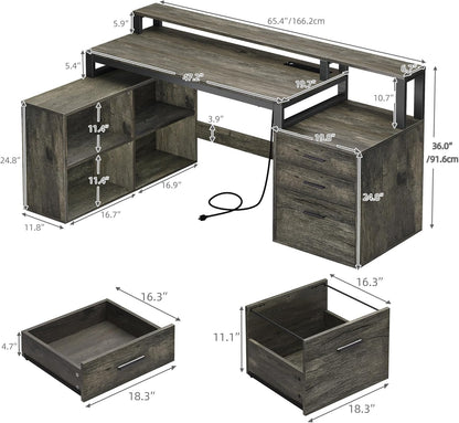 L Shaped Desk with Drawers, 65" Computer Desk with Power Outlets & LED Lights, Corner Home Office Desk with Storage Shelves & Printer Stand, Grey