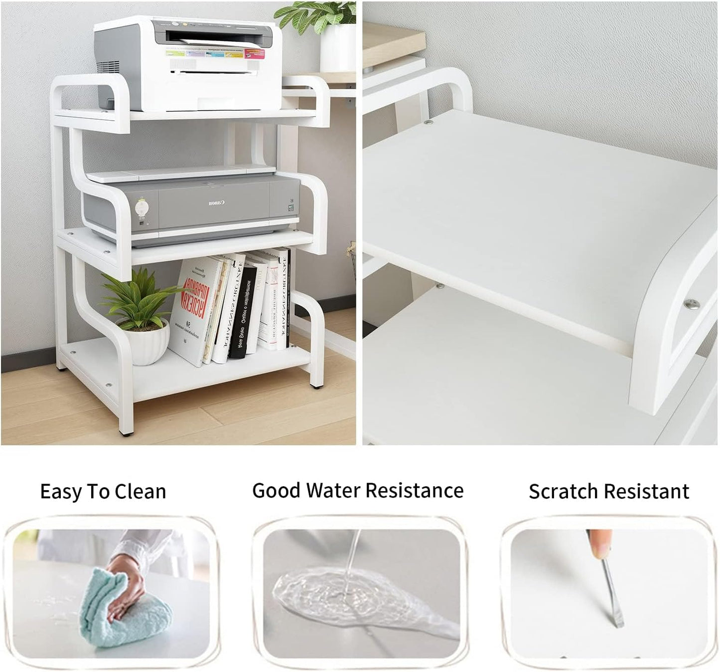 3-Tier Printer Stand with Wheels Movable Storage Cart Floor-Standing Multi-Purpose Shelf Rack for Media Player Scanner Files Books Microwave Oven in Kitchen Living Room Home Office (White)