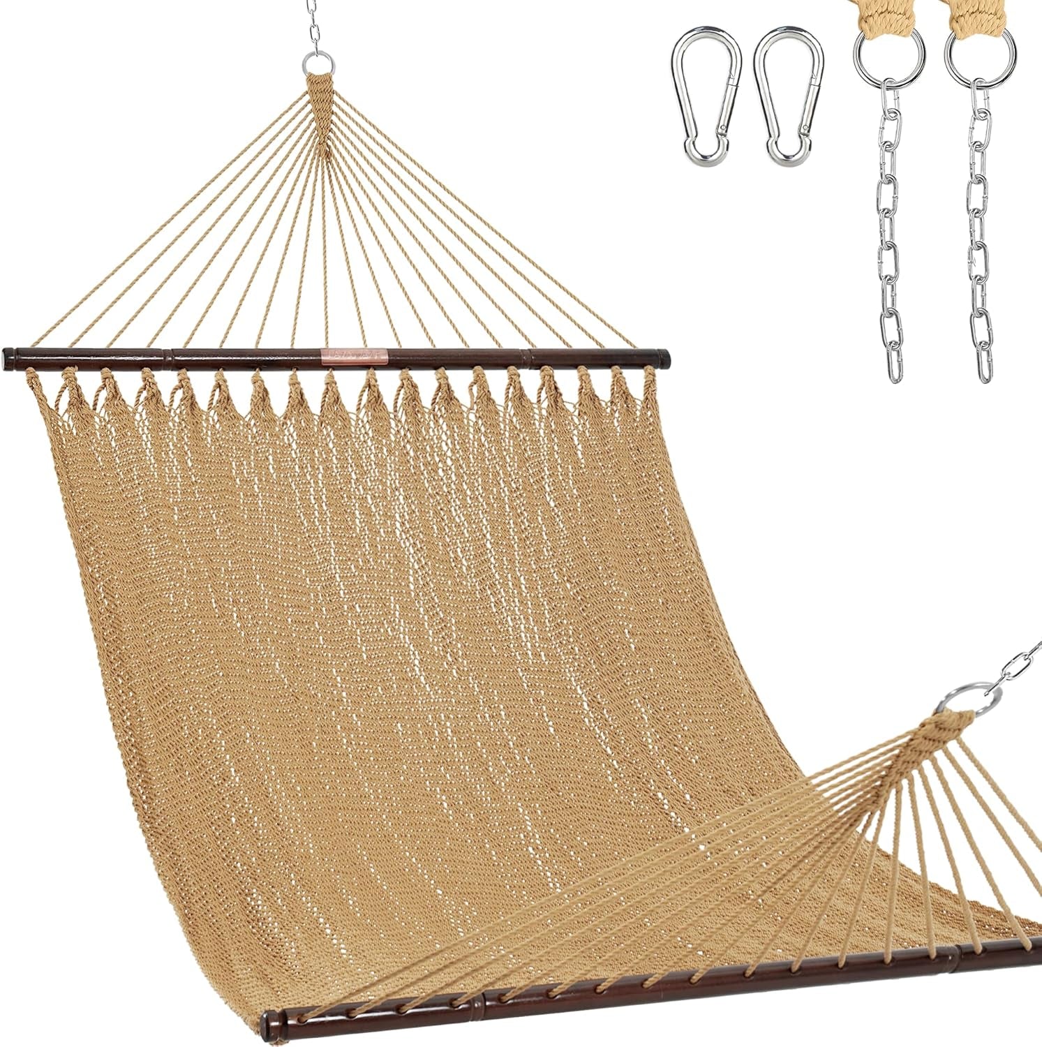 10.5 FT Double 2 Person Caribbean Rope Hammock, Hand Woven Polyester Hammock with Spreader Bars, for outside Outdoor Backyard Patio Poolside, 450 LBS Capacity, Tan