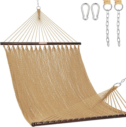 10.5 FT Double 2 Person Caribbean Rope Hammock, Hand Woven Polyester Hammock with Spreader Bars, for outside Outdoor Backyard Patio Poolside, 450 LBS Capacity, Tan
