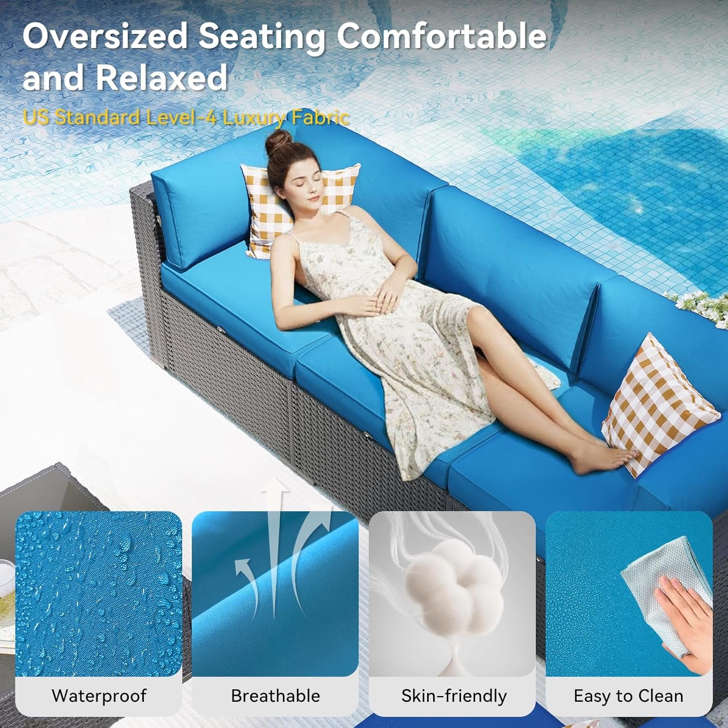 Patio Furniture Set, 7 Piece Outdoor Sectional Sofas with Waterproof Cover, Wicker Rattan Outdoor Furniture Patio Conversation Set for Backyard, Garden Peacock Blue
