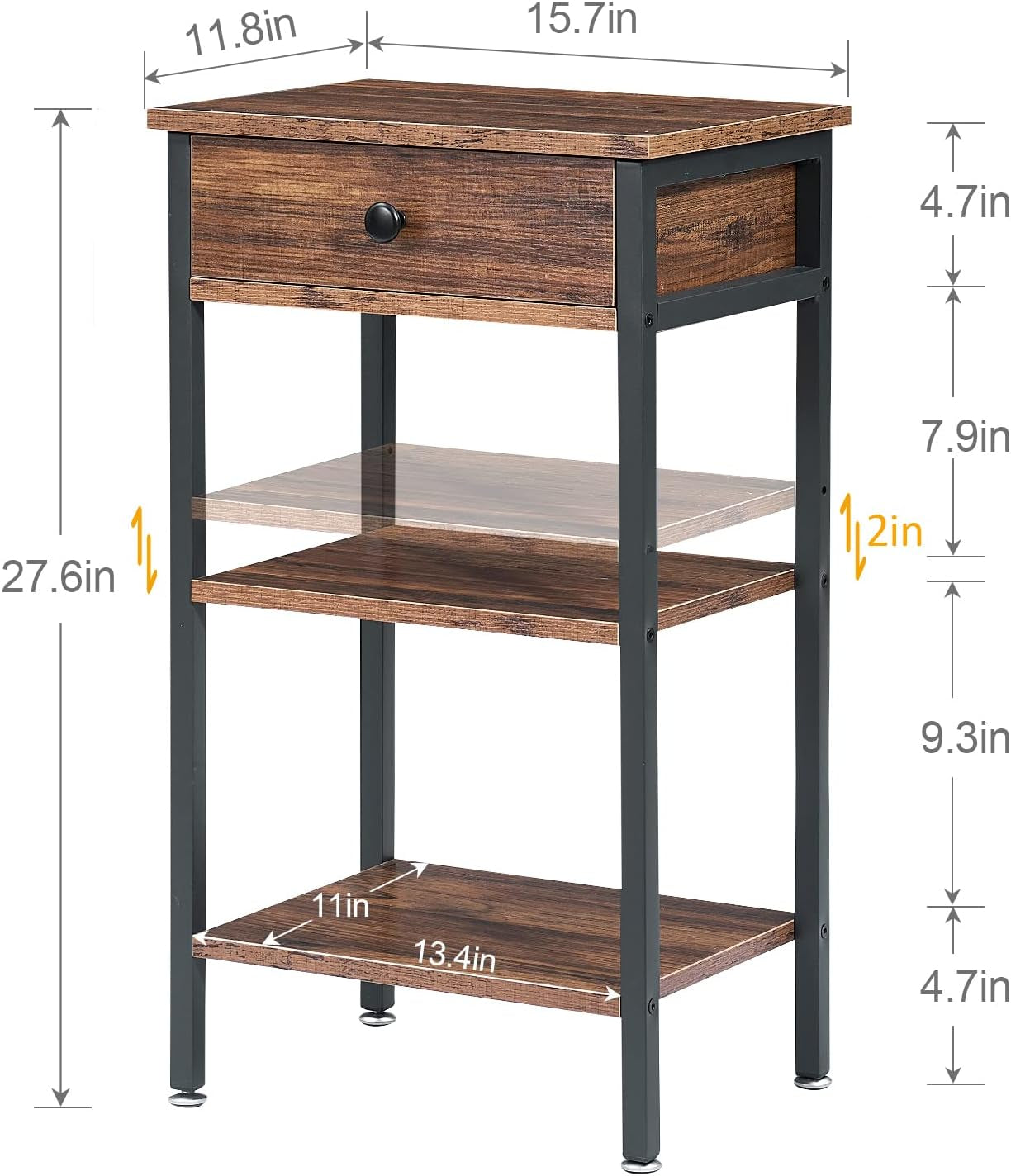 Tall End Side Table,Nightstand with Adjustable Shelf and Bin Drawer for Living Room/Bedroom/Entryway Small Spaces
