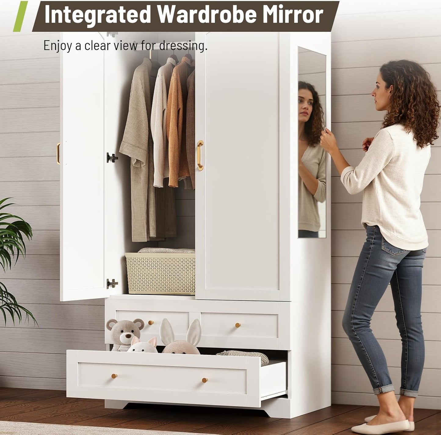 Armoire Wardrobe Closet with 2 Storage Drawers & 2 Door Cabinet, Bedroom Armoires with Full-Length Mirror, White Freestanding Wardrobe Combination with Hanging and Organizing Clothes for Home
