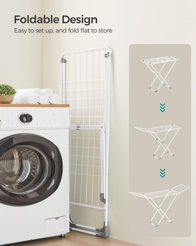 Clothes Drying Rack, Metal Laundry Drying Rack, Foldable, Space-Saving, Free-Standing Airer, with 2 Gullwings, Indoor Outdoor Use, Bed Linen Clothing, White ULLR540W01