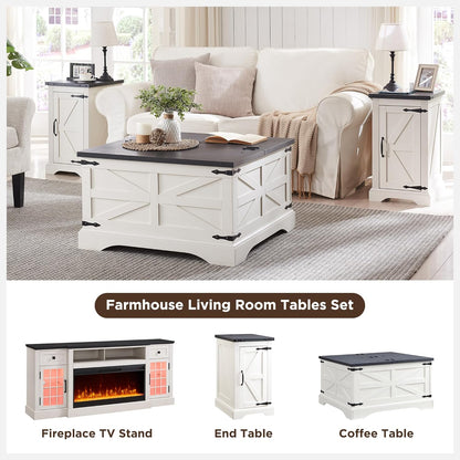 3-Piece Farmhouse Living Room Table Sets, Includeds 36" Lift Top Square Coffee Table W/Large Storage & 2 Rustic Wood End Tables W/Charging Station & Barn Doors (White)