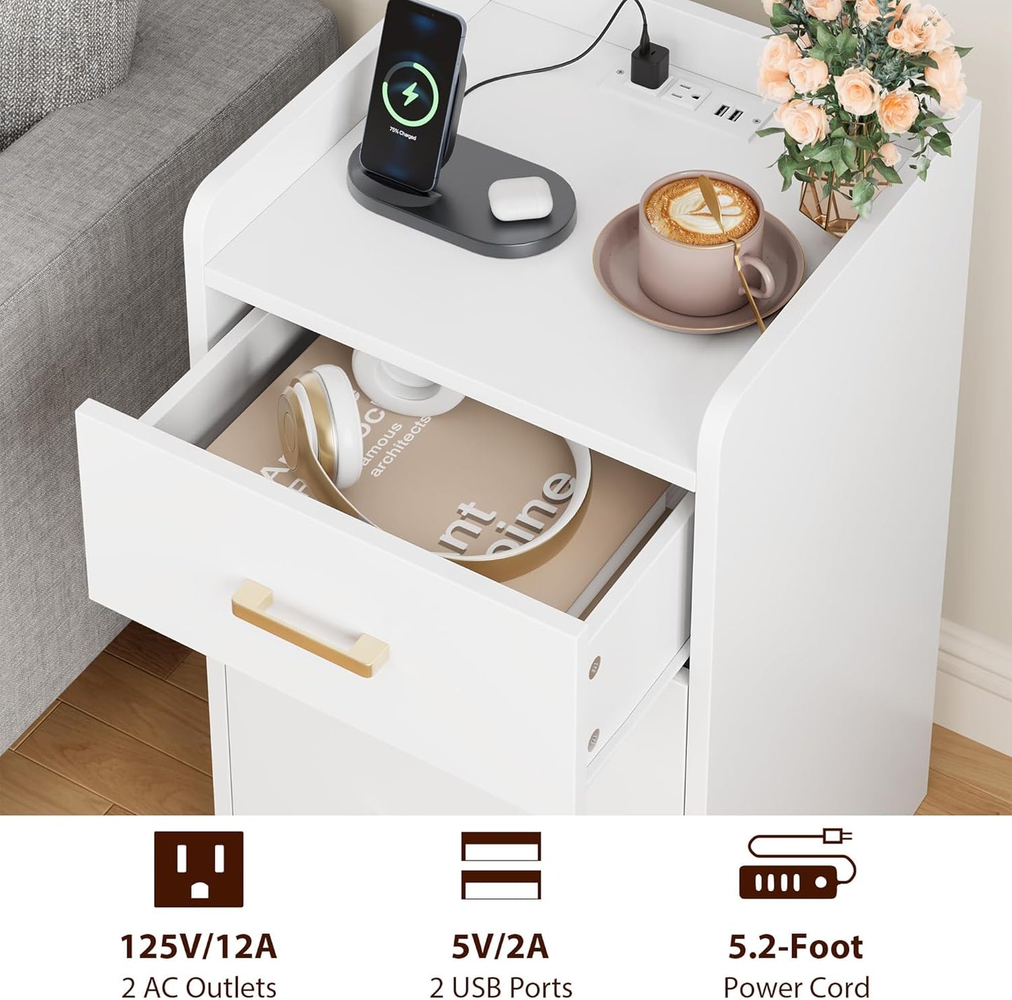 Nightstands Set of 2 with Charging Station, 3 Drawer Nightstand with Gold Handles, White Nightstand for Bedroom, Modern Design End Side Table for Home, Office