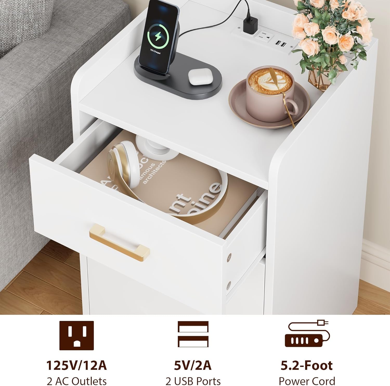 Nightstands Set of 2 with Charging Station, 3 Drawer Nightstand with Gold Handles, White Nightstand for Bedroom, Modern Design End Side Table for Home, Office