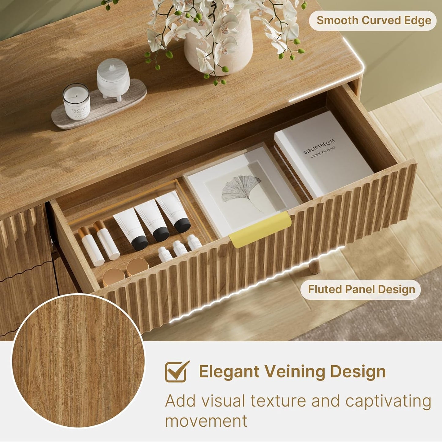 Fluted Dresser and Nightstand Set, 3 Pieces Bedroom Set, 55 Inch Wide 6-Drawer Dresser & 1-Drawer Nightstands Set of 2, Modern Dressers Set for Bedroom, Hallway, Natural Oak