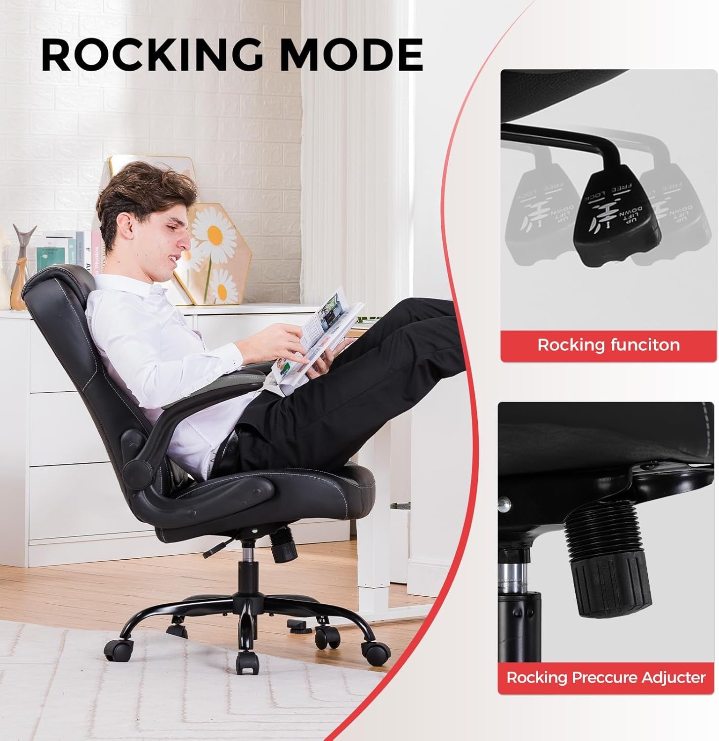 Office Computer Gaming Chair Ergonomic Desk Chair for Adults with Lumbar Support Flip-Up Arms Adjustable Height Swivel Wheels PU Leather Executive Design for Short People Use, Gray