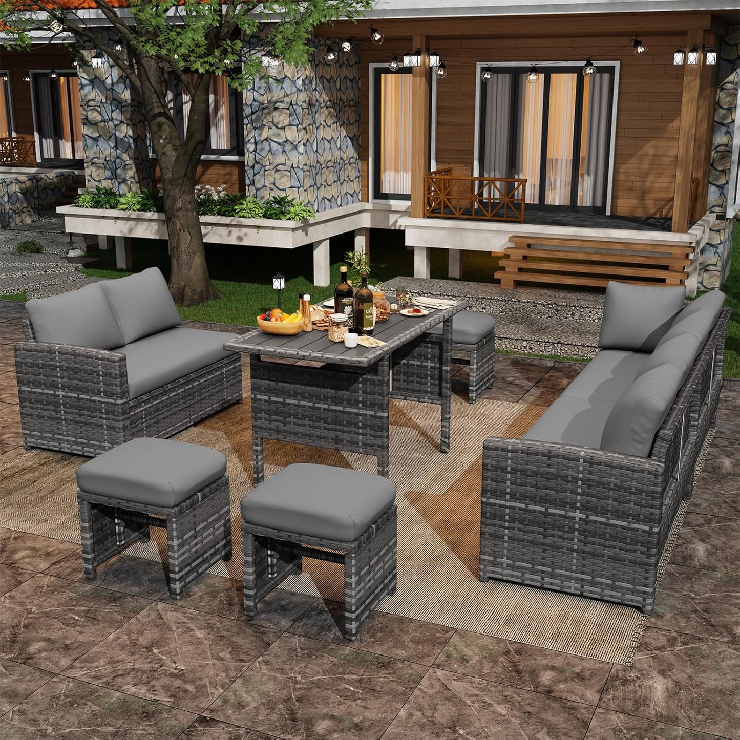7 Pieces Patio Furniture Set, Outdoor Sectional Sofa Conversation Set, All Weather Wicker Rattan Dining Table & Chair with Ottoman, Grey Rattan&Grey Cushion