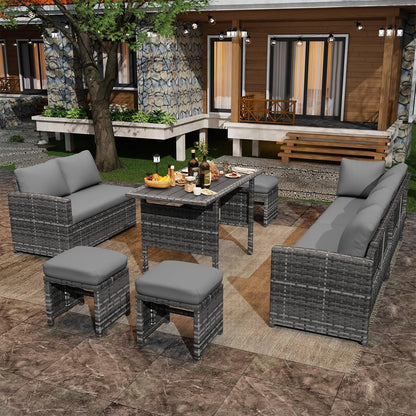 7 Pieces Patio Furniture Set, Outdoor Sectional Sofa Conversation Set, All Weather Wicker Rattan Dining Table & Chair with Ottoman, Grey Rattan&Grey Cushion