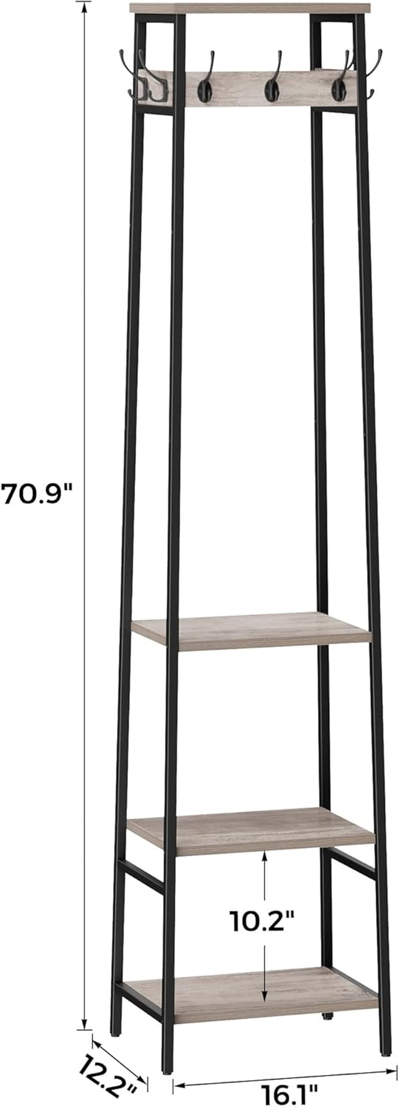 Coat Rack Freestanding, Coat Stand with 3 Shelves and 7 Hooks, Hall Tree Free Standing, Clothes Rack Stand Organizer, Industrial Style, Greige and Black