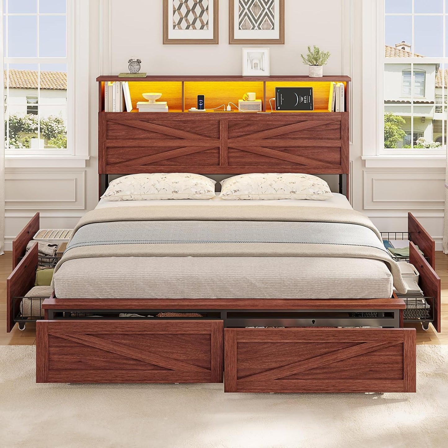 Queen Bed Frame with 6 Drawers, Farmhouse Bed Frame with Barn Door Headboard and Storage, Wood Platform Bed Frame Queen Size with Charging Station and LED Lights, No Box Spring Needed, Brown