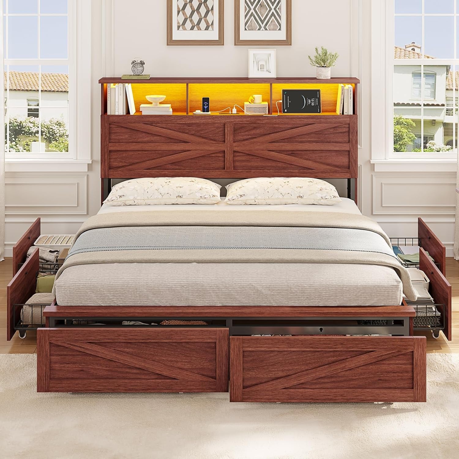 Queen Bed Frame with 6 Drawers, Farmhouse Bed Frame with Barn Door Headboard and Storage, Wood Platform Bed Frame Queen Size with Charging Station and LED Lights, No Box Spring Needed, Brown