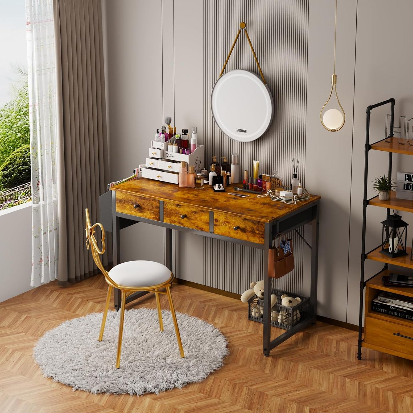 Small White Desk with Drawers - for Bedroom, 32 Inch Home Office Computer Desk with Fabric Storage Drawer and Bag, Study Writing Table for Small Spaces, White
