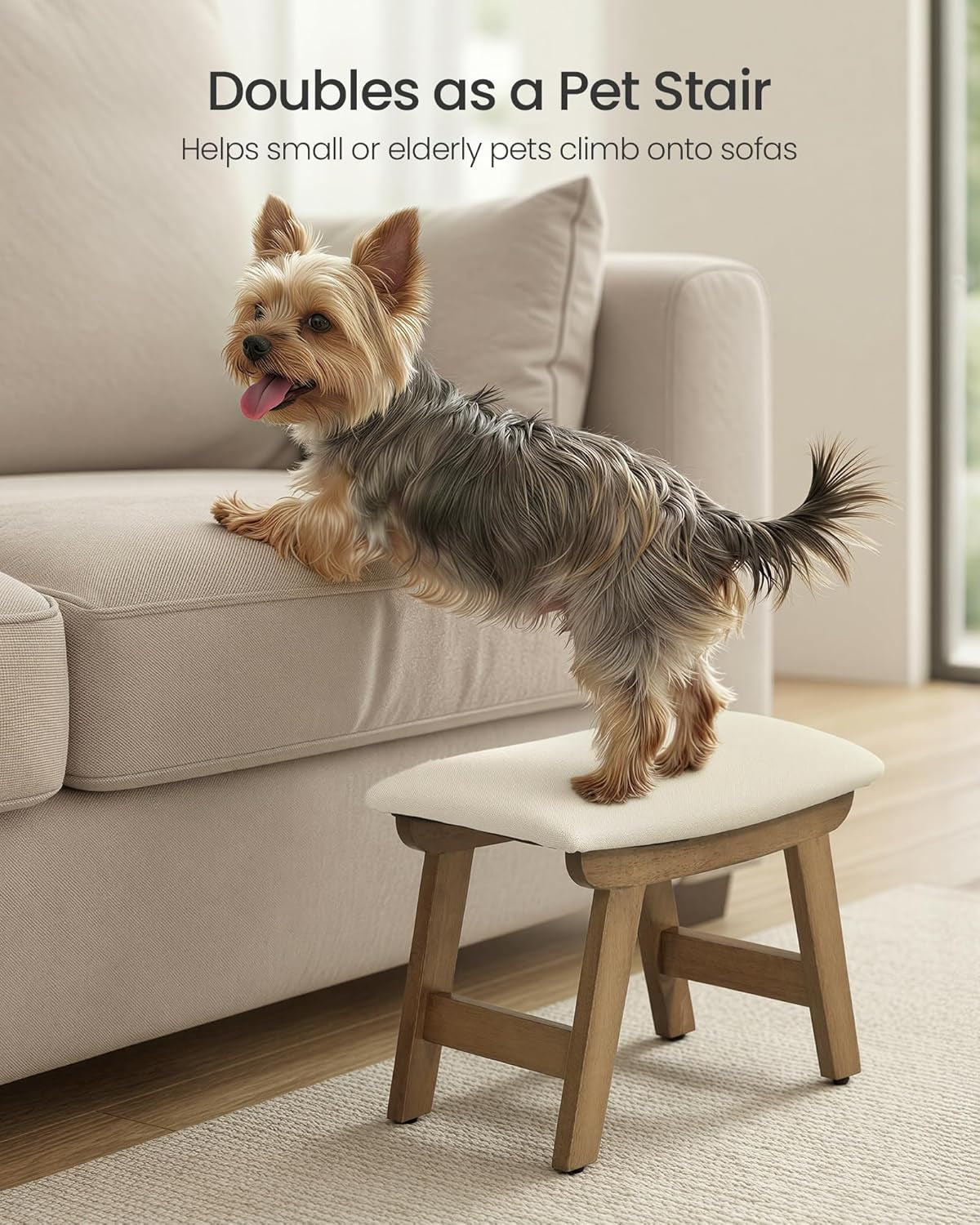 Foot Stool Ottoman, Padded Foot Rest under Desk with Solid Wood Frame, Removable Cover, for Living Room, 9.8 X 15.4 X 11.8 Inches, Summer Sand and Brown ULSF052LF01