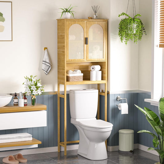 Bamboo over the Toilet Storage Cabinet, Bathroom Organizers and Storage with Inverted U-Shaped Door & Anti-Tip Device, Space Saver, Natural