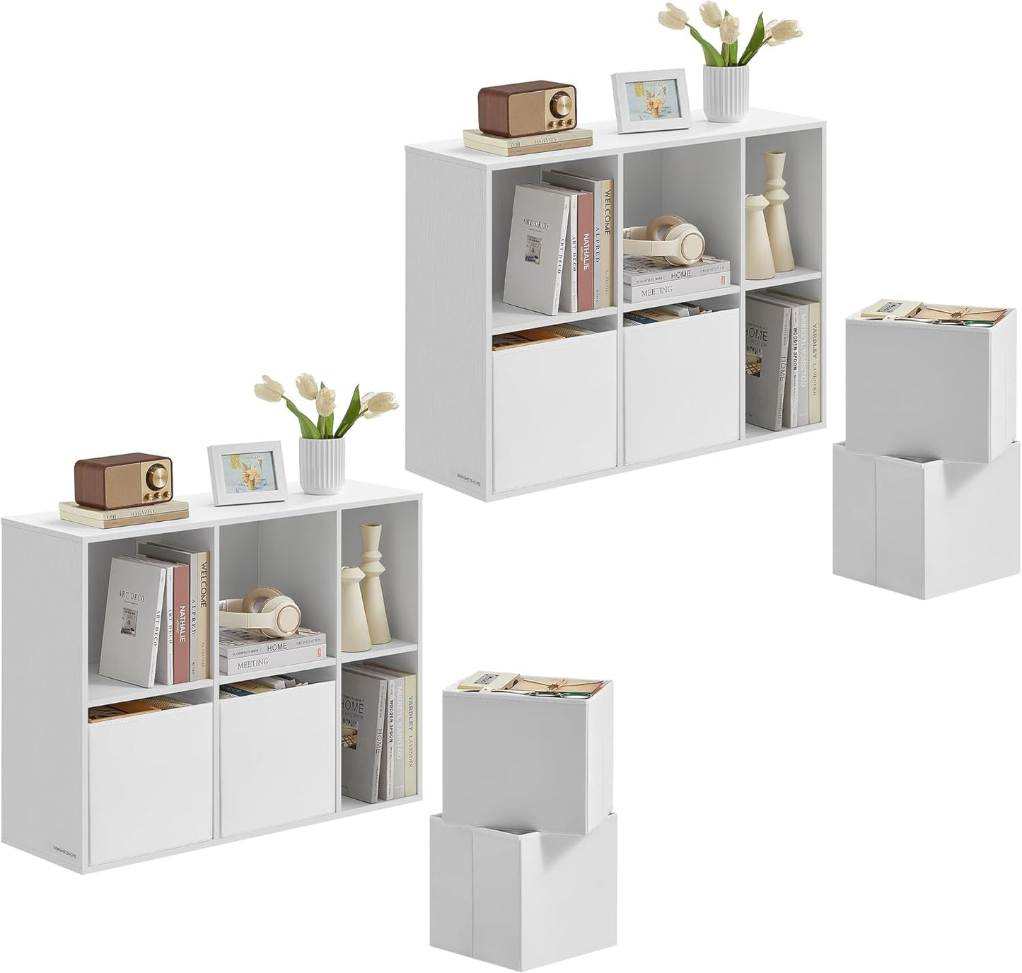 HOME Bookshelf, Superfast Toolless Assembly, Cube Storage Organizer with 6 Compartments, Bookcase, 4 Fabric Drawers, 10.6 X 32.7 X 24.3 Inches, Natural Walnut and Ebony Black ULBC196B01