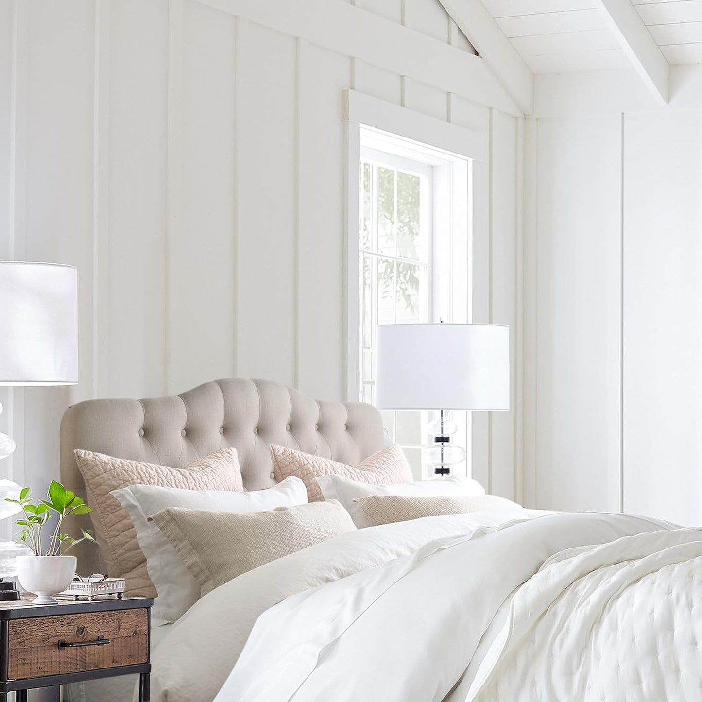 Givanna Adjustable Height Headboard with Linen Upholstery and Button Tufting for Bedroom, Queen, Beige Linen