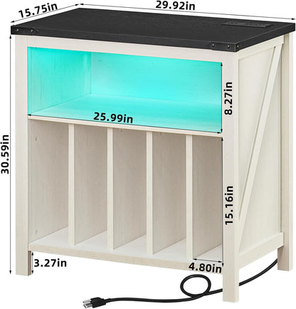 Large Record Player Stand with Charging Station & LED Lights, White Vinyl Record Storage Table Holds up to 230 Albums, Turntable Stand with Display Shelf for Music Room Bedroom Living Room