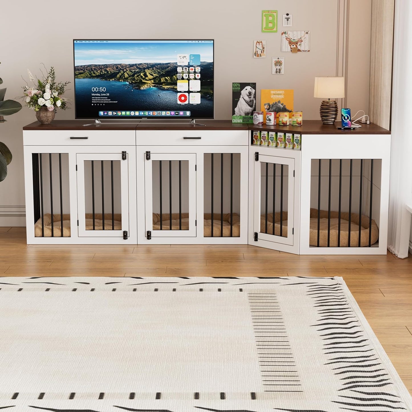 3 in 1 Extra Large Corner Dog Crate Furniture for 3 Dogs,Wooden Dog Crate Kennel with 2 Drawers,Divider,Power Outlet,Heavy Duty Double Dog Kennel TV Stand Indoor for Small,Medium,Large Dogs