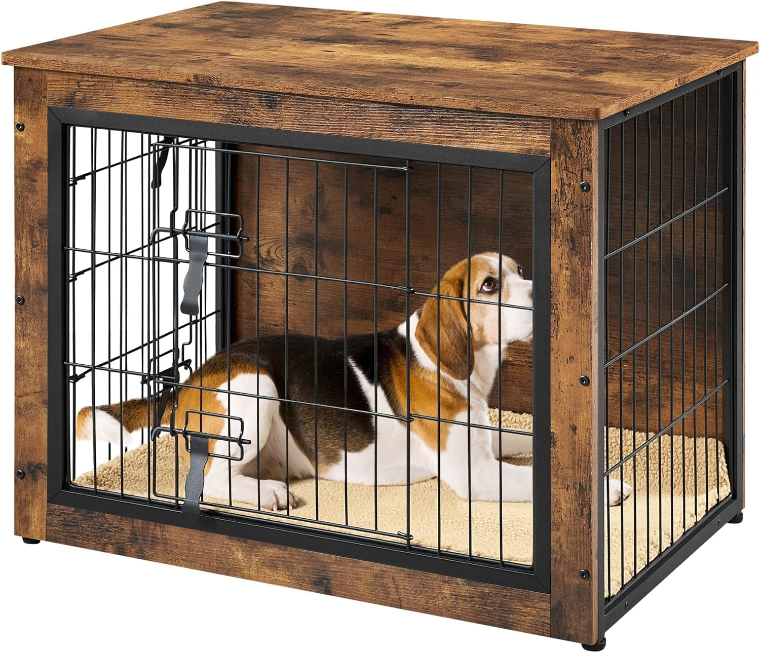 32'' Dog Crate Furniture with Cushion Wooden Dog Crate with Double Doors/Adjustable Feet Side End Table for Small/Medium Dogs