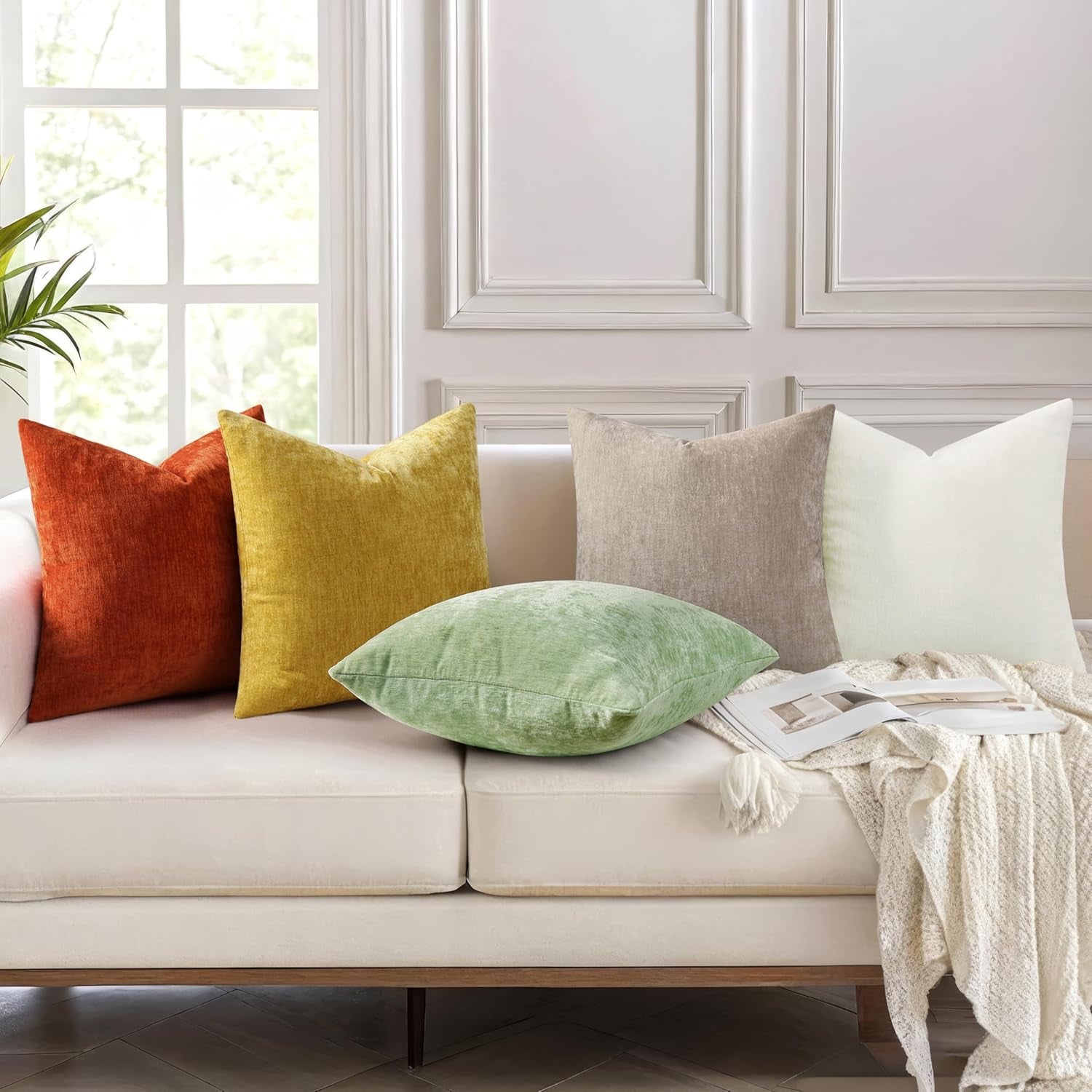 Chenille Rust Fall Throw Pillow Covers 20X20 Inch Set of 2, Decorative Soft Couch Pillow Covers Solid Dyed Accent Farmhouse Neutral Square Pillow Cases for Sofa Bed Living Room