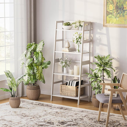 Ladder Shelf, 4 Tier Bookshelf, Floor Standing Bathroom Storage Rack with Bamboo Frame, Home Office Open Display Bookcase, White