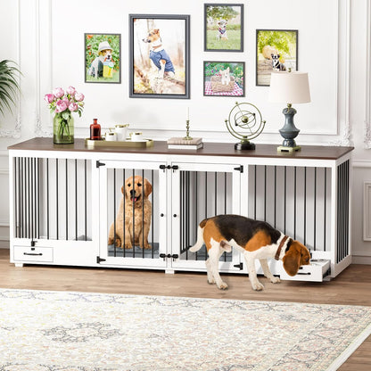 Furniture Style Large Dog Crate for 2 Dogs, 86.6" Heavy Duty Wooden Dog Kennel with Dog Bowl Drawers & Divider, Indoor Furniture Style Dog Kennel for Large Medium Dogs, Black