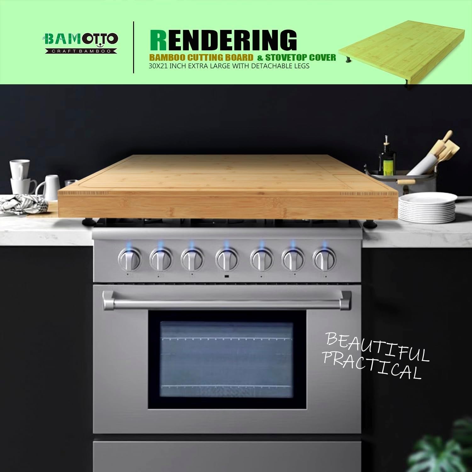 30 X 21 in Extra Large Bamboo Cutting Board and Stovetop Cover, Stove Top Cover Chopping Board with Detachable Legs and Juice Groove, Sink Cover Board, for Restaurant Kitchen Countertop
