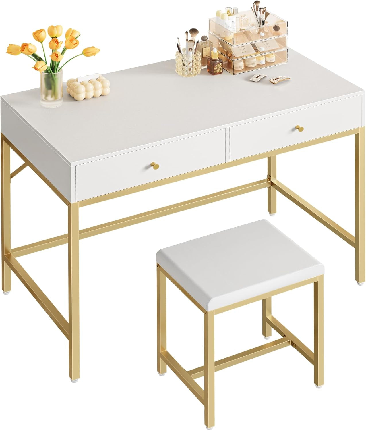35.4" White and Gold Desk with 2 Drawers, Modern Makeup Vanity with Padded Stool, Small Computer Desk Home Office Desk for Writing Study Bedroom
