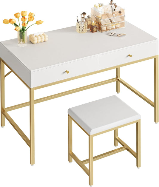 35.4" White and Gold Desk with 2 Drawers, Modern Makeup Vanity with Padded Stool, Small Computer Desk Home Office Desk for Writing Study Bedroom