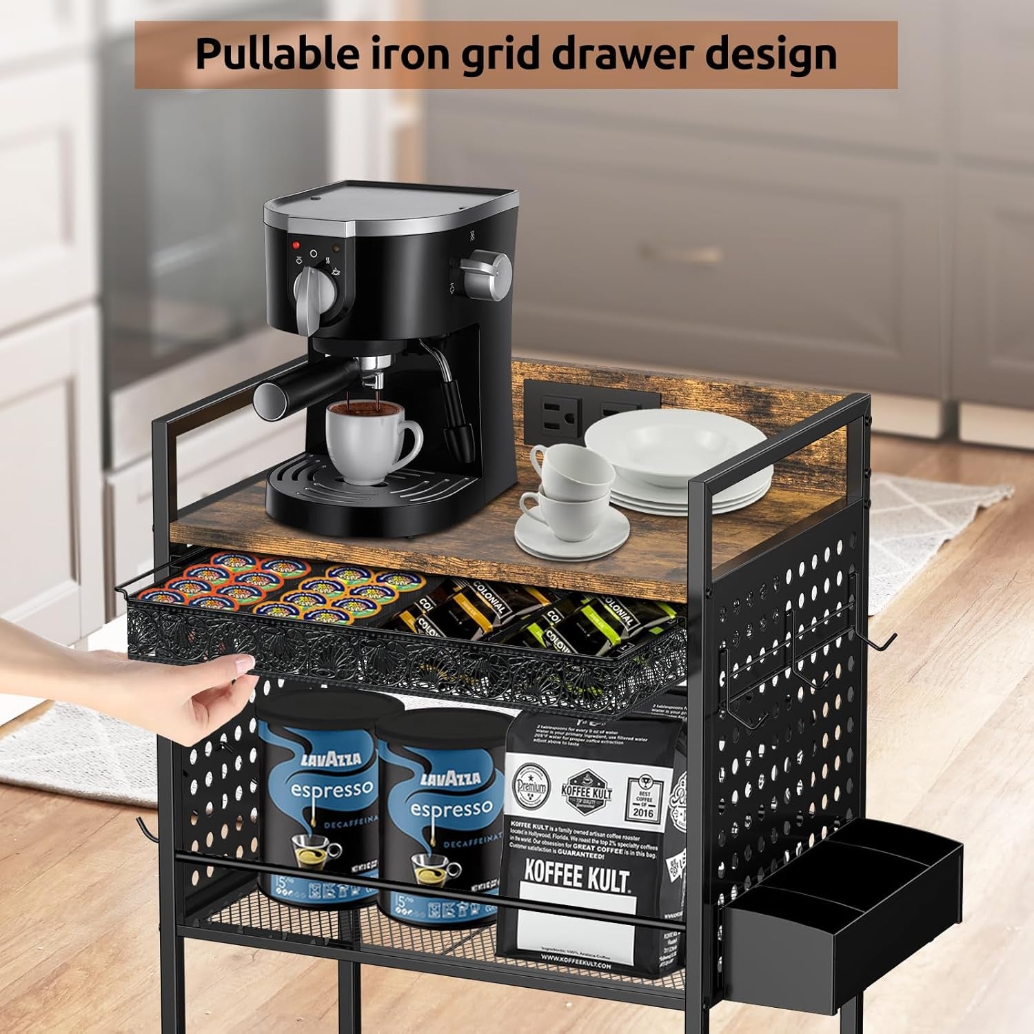 Compact Coffee Bar Cabinet with Power Outlet, Lockable Wheels, and Storage Drawer - Rustic Brown & Black for Office, Living Room, or Small Spaces