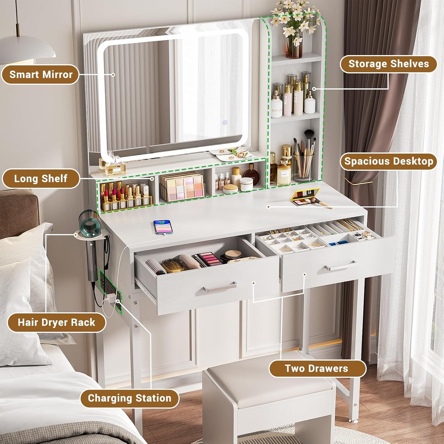 Small Vanity Desk, Vanity Desk with Mirror and Lights, Makeup Vanity Desks with Power Strip, Vanity Table with Drawers and Shelves, Adjustable Lighting, Dressing Table for Bedroom Dressing Room, White