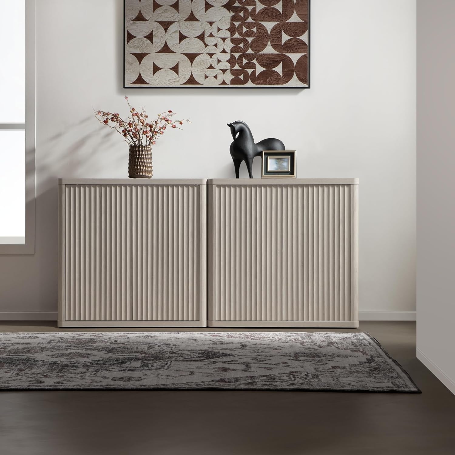 Buffet Cabinet with Storage Sideboard Accent Modern Credenza with Doors & Shelves Fluted 34.6" Tall Media Console Mid Century Coffee Bar Table for Living Room Kitchen Dining Room Hallway