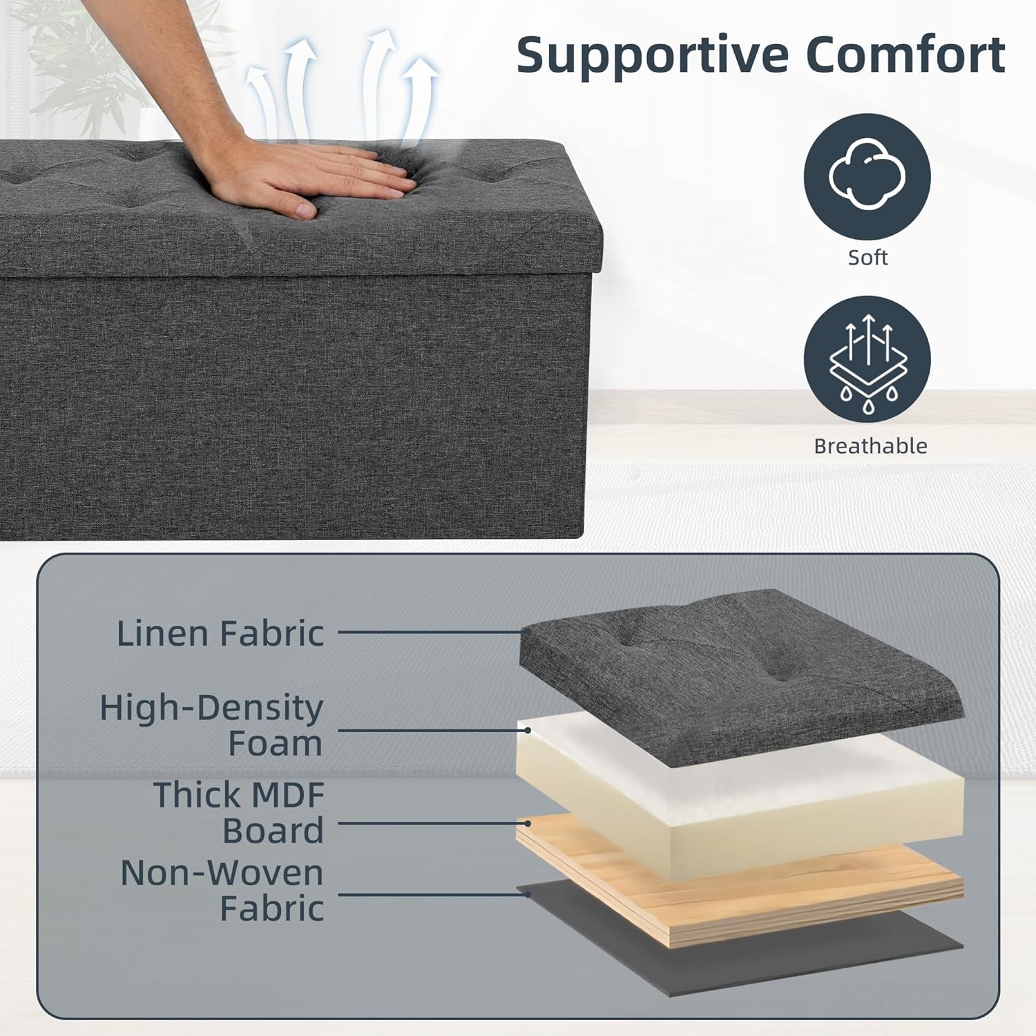 Foldable Storage Ottoman Bench, Storage Chest, End of Bed Foot Rest Stool with Padded Seat, 43 Inch Bedroom Bench for Living Room, Support 660Lbs, Grey