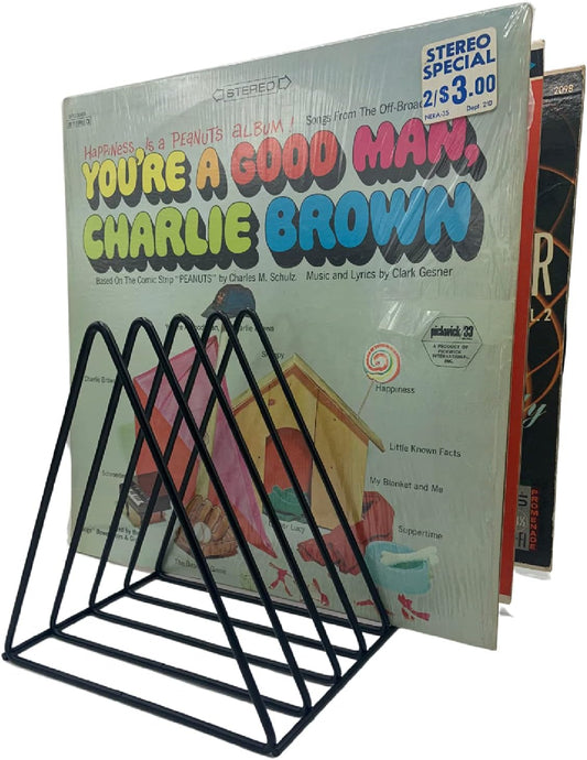 Vinyl Record Storage Holder Stand - Premium Triangle Metal Wire Magazine Rack and Book Holder Holds up to 33 Lp Album Records, Functional and Contemporary Vinyl Record Rack Organizer (Black)