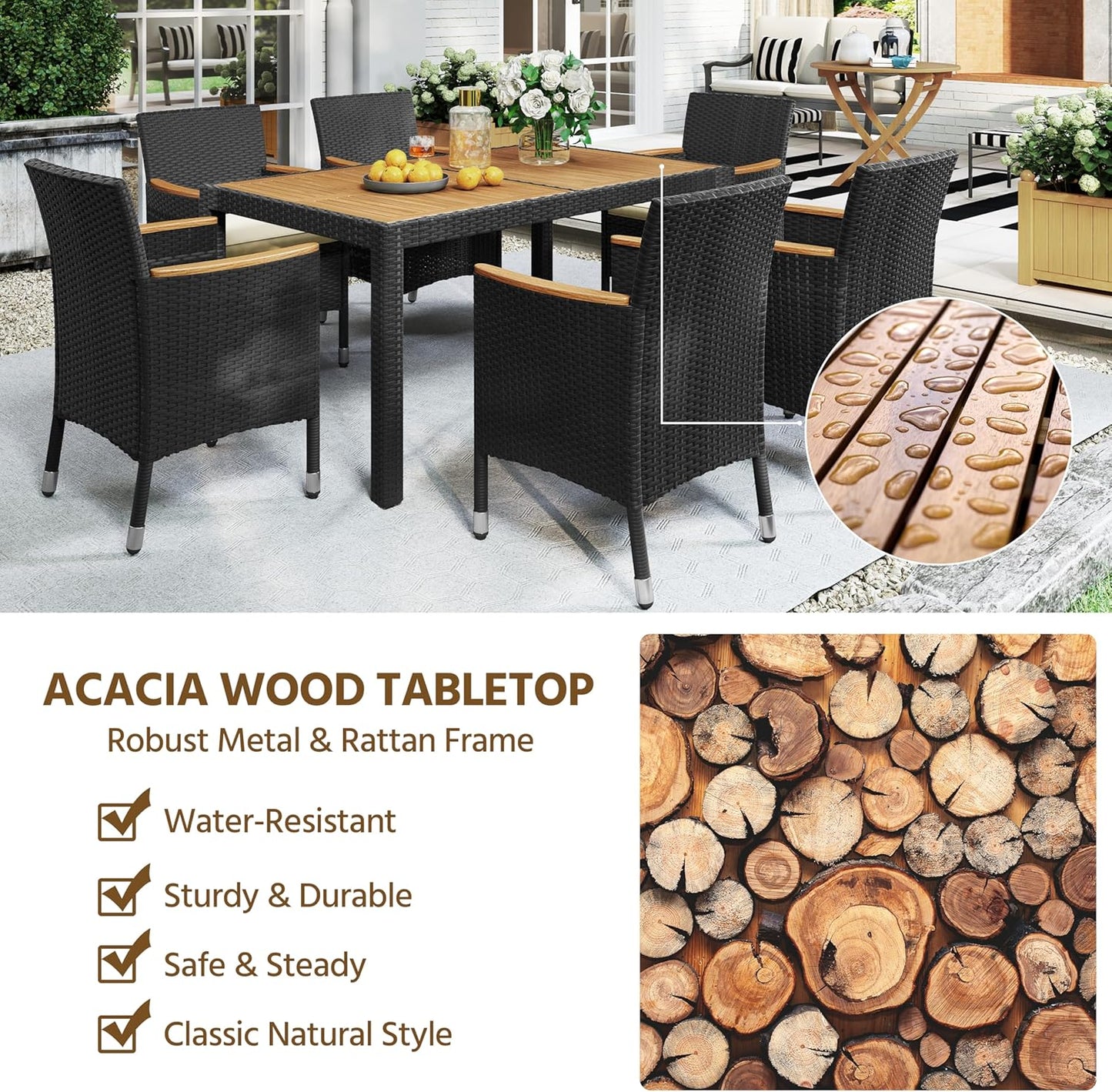 7 Piece Patio Furniture Set, Outdoor Dining Acacia Wood Table Top Rattan Conversation Set with Soft Cushions, 6 Chairs & 1 Table for Backyard, Deck, Garden & Yard, Black/Beige