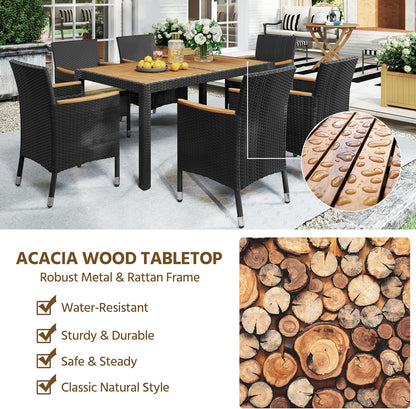 7 Piece Patio Furniture Set, Outdoor Dining Acacia Wood Table Top Rattan Conversation Set with Soft Cushions, 6 Chairs & 1 Table for Backyard, Deck, Garden & Yard, Black/Beige