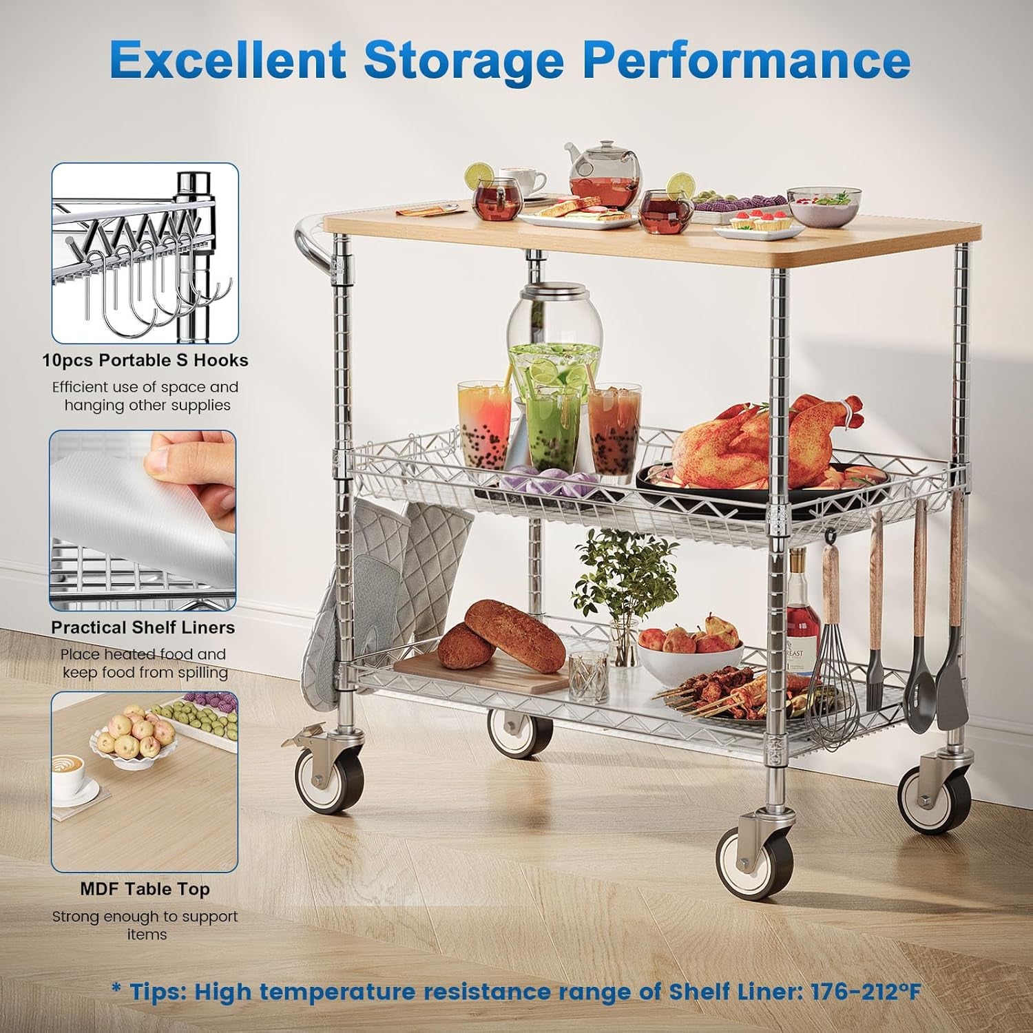 Rolling Kitchen Carts with Wheels, 34" L X 17.5" W, 3-Tier Heavy Duty Utility Cart with Wood Tabletop, NSF Commercial Metal Serving Cart with Handle and Shelf Liner for Kitchen, Chrome
