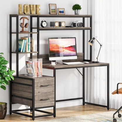 55 Inch Computer Desk with 2 Drawers and Storage Shelves, Rustic Office Desk with Hutch, Study Writing Gaming Table Laptop Workstation for Home Office (Grey)