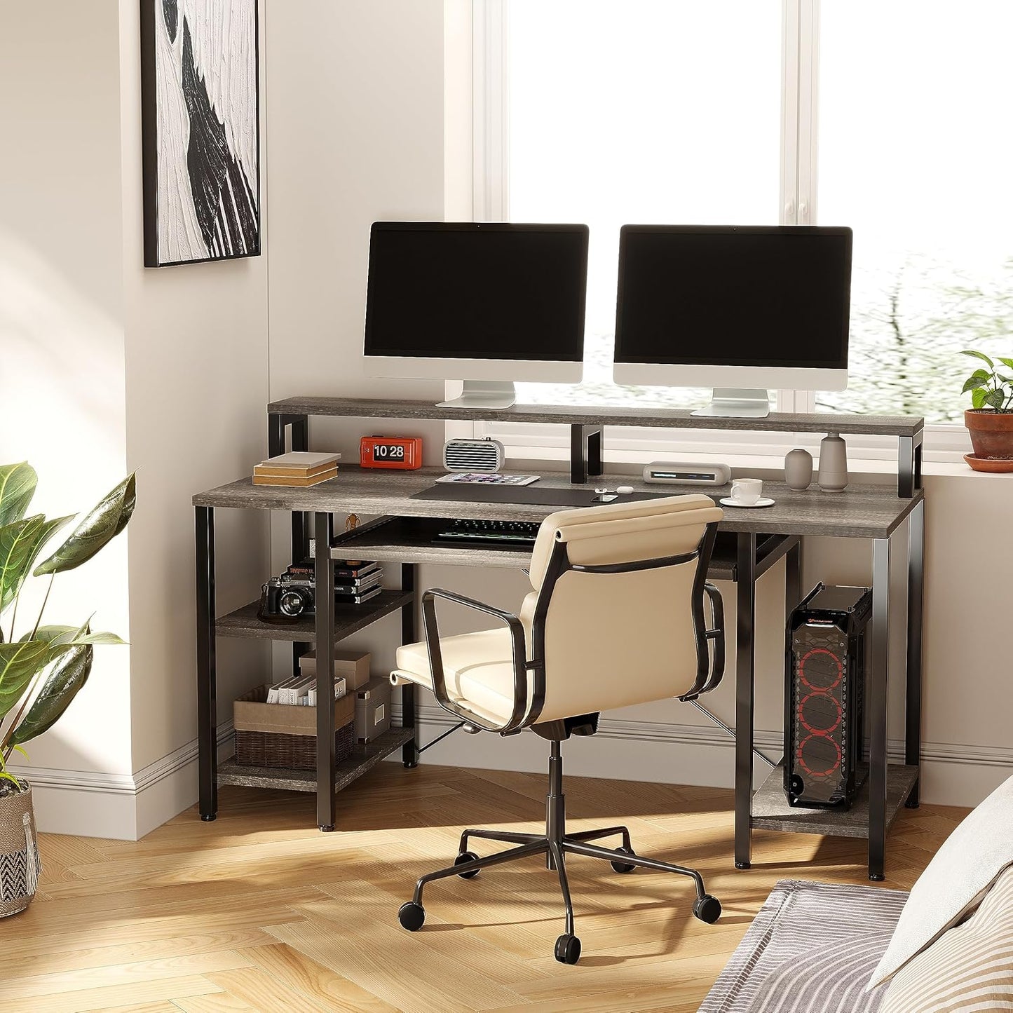 Computer Desk- 48 Inch Home Office Desk with Keyboard Tray, 47" Gaming Desk with Full Monitor Stand & Storage Shelves & CPU Stand, Modern Study Writing Table with Shelf for Storage, Gray Oak