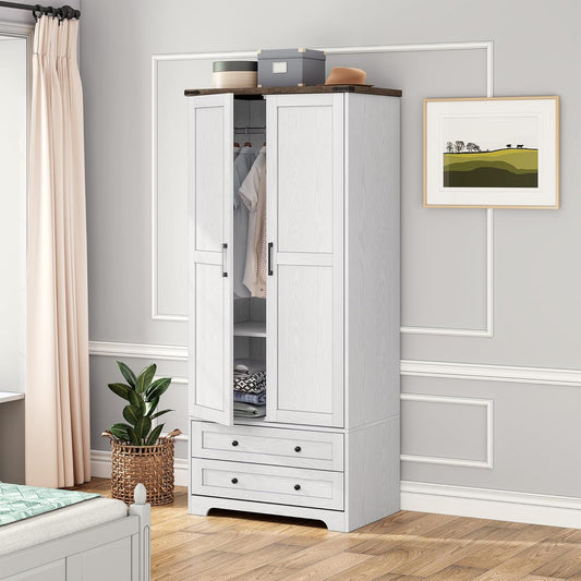 Armoire Wardrobe Closet with 2 Modern Doors, 71" Tall Freestanding Closet Wardrobe Cabinet with Drawers and Hanging Rail, Light Wooden Storage Cabinet with Shelve for Bedroom (White, 2 Doors)
