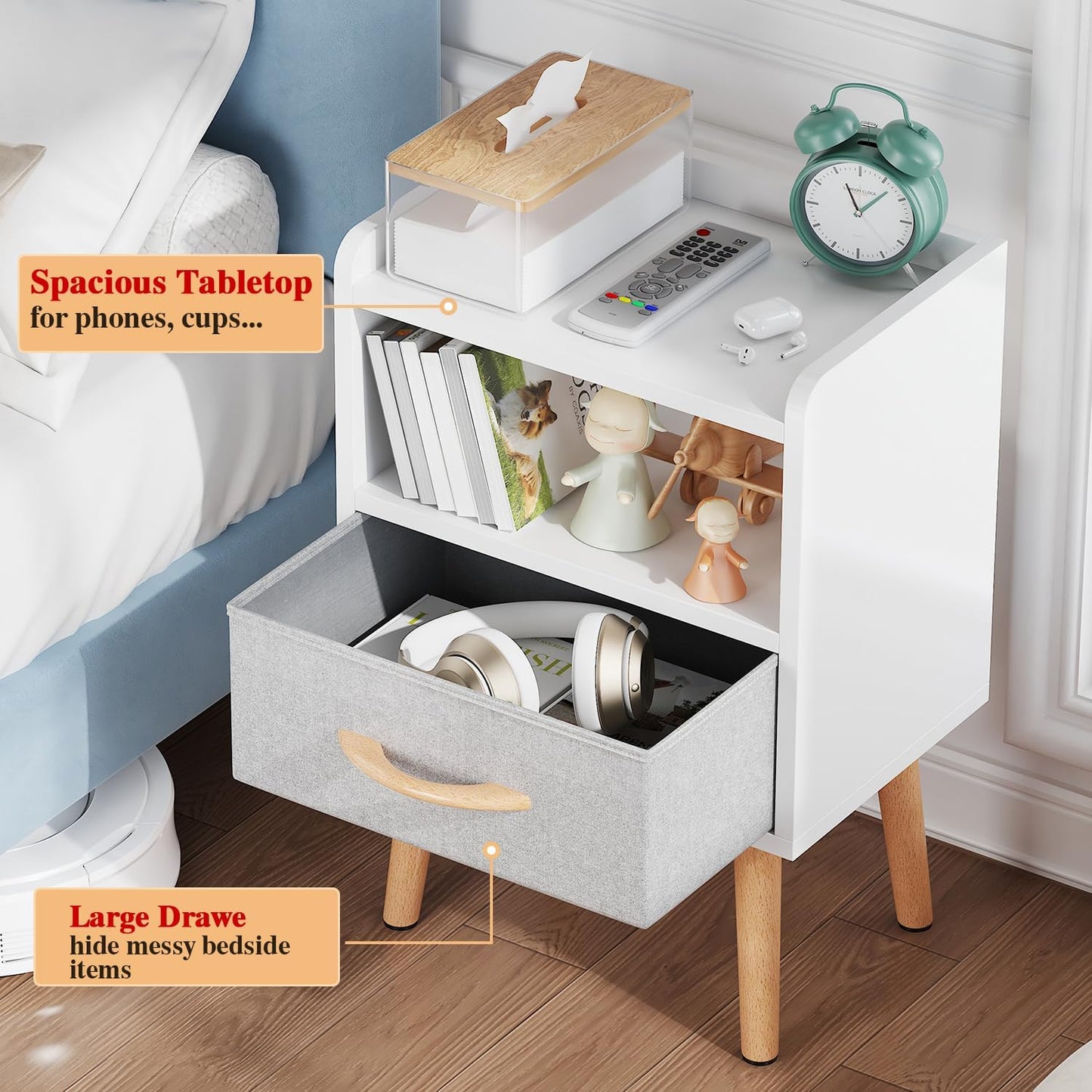 White Night Stand with Drawer, Mid Century Modern Bedside Table, Sturdy Wood Nightstand with Open Storage Shelf, Small Bedside Table for Bedroom, Kids Room & Small Spaces.