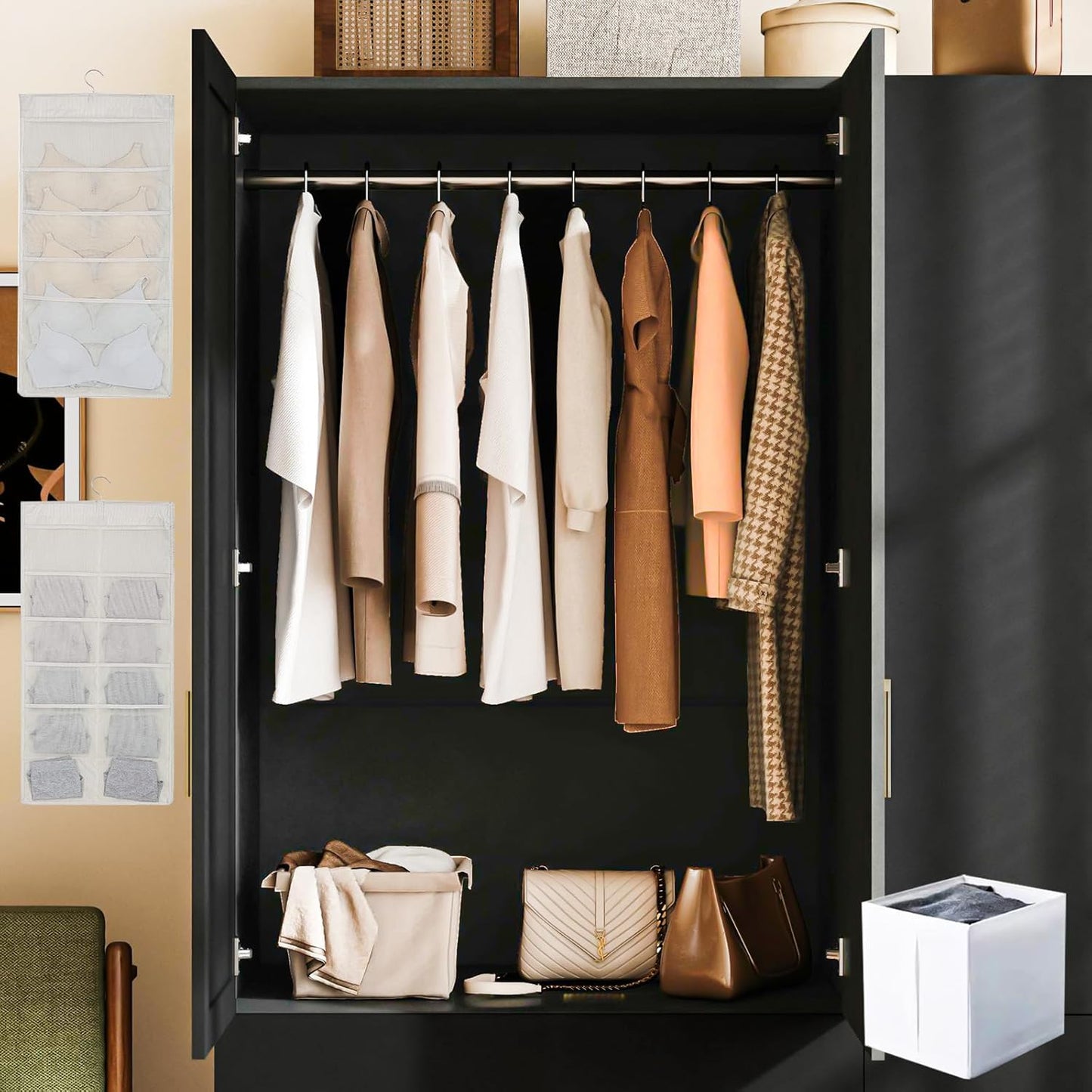 3 Doors Armoire Wardrobe Closet with Mirror & Organizers, LED Wooden Bedroom Armoires with Hanging Rod for Bedroom, Black