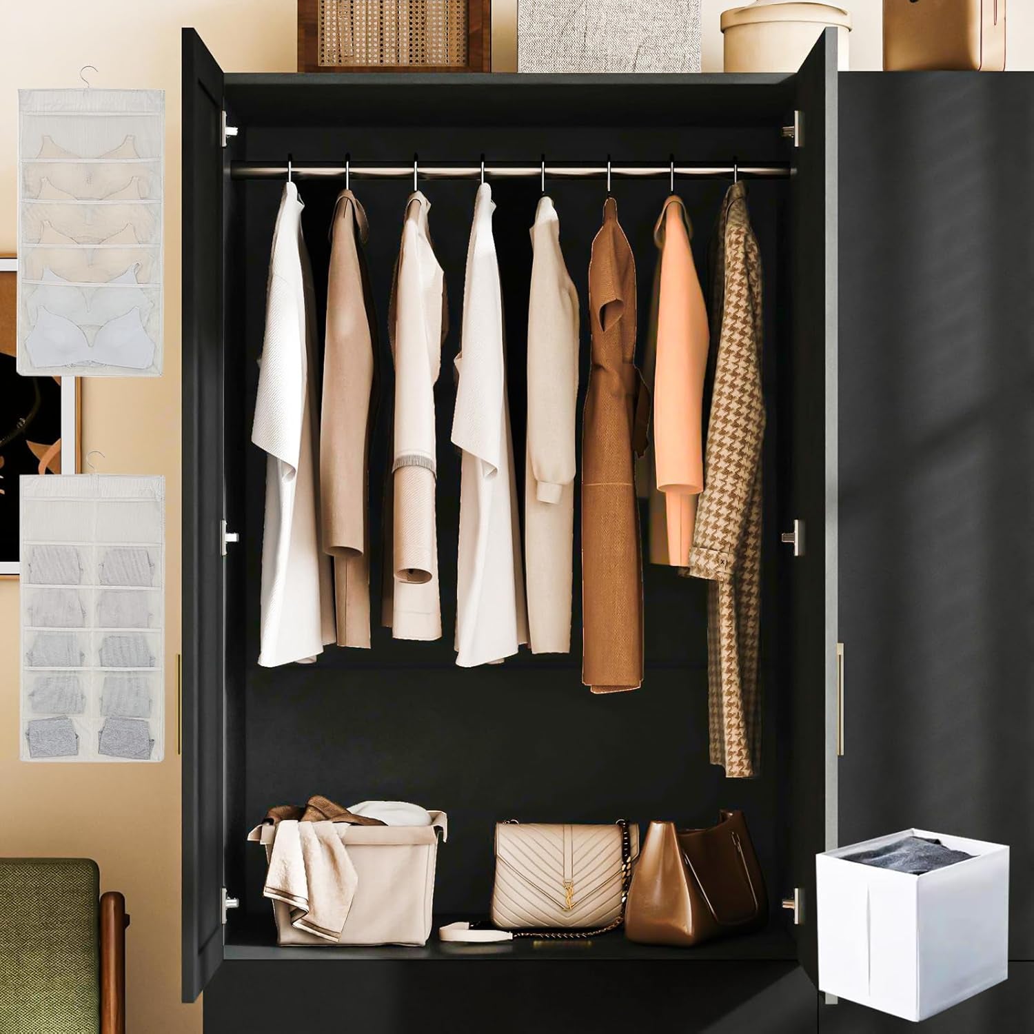 3 Doors Armoire Wardrobe Closet with Mirror & Organizers, LED Wooden Bedroom Armoires with Hanging Rod for Bedroom, Black