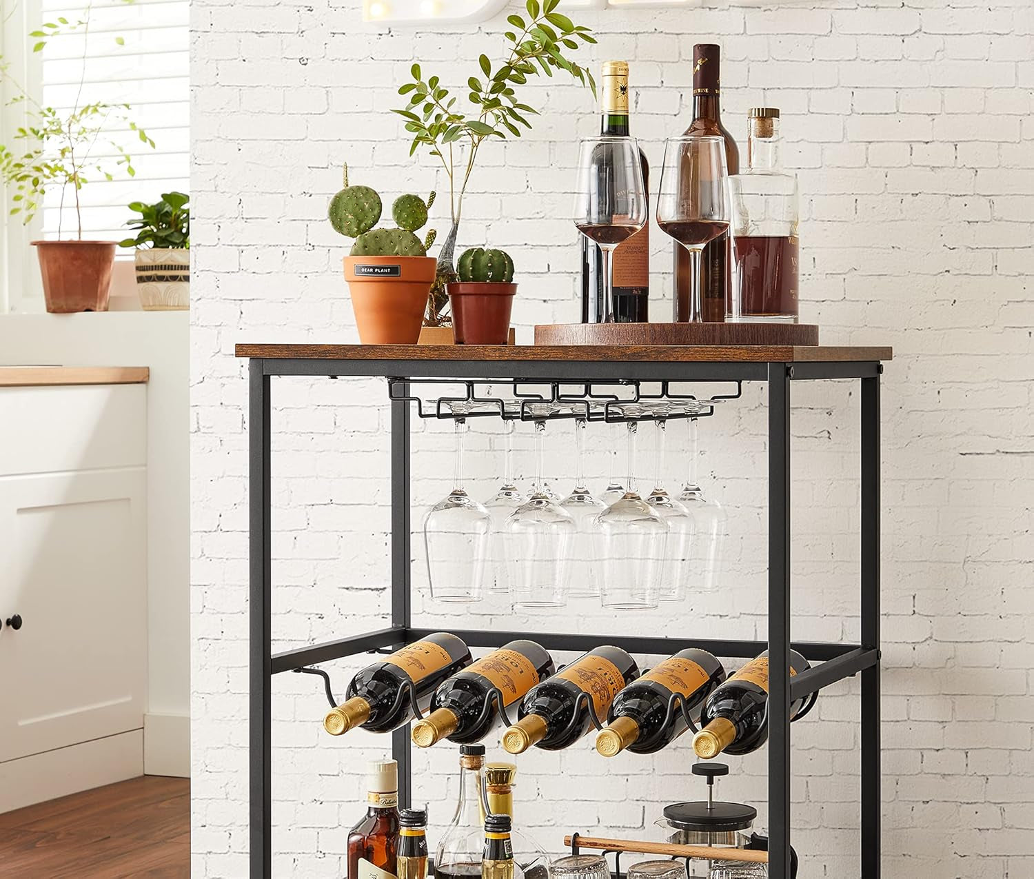Bar Cart, Serving Cart with Wheels, Glass Stemware Rack and Wine Bottle Holders, 15.7 X 23.6 X 32.3 Inches, Industrial, Rustic Brown and Black ULRC087B01
