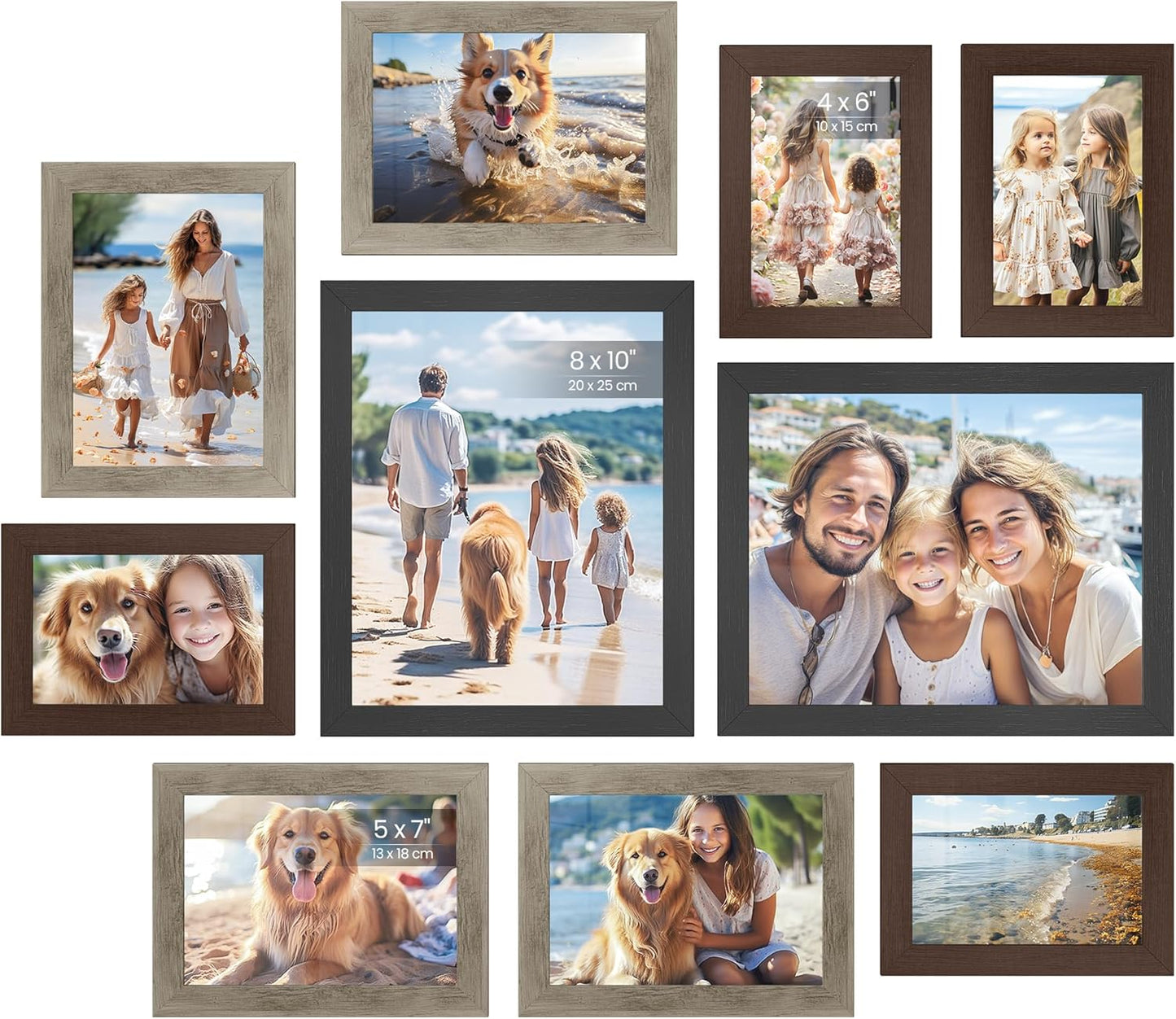 Picture Frames, Collage Picture Frames Set of 10, Two 8X10, Four 5X7, Four 4X6, Photo Frame for Wall Gallery Decor, Table Display, Glass, Rustic Brown URPF010X01
