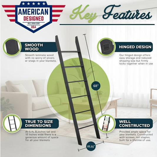 Blanket Ladder for the Living Room and Bedroom, 5Ft 8 Inch, 6-Tier Wall Leaning Laminate Snag Free Material (Black) Rustic Decorative Farmhouse Blanket Rack, Quilt Rack, Ladder Shelf, Easy Assembly